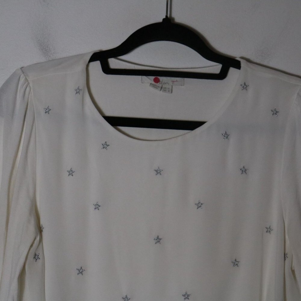 Boden Tori Embroidered Top Metallic Silver Stars Size 8 Bubble Sleeves - Picture 3 of 7